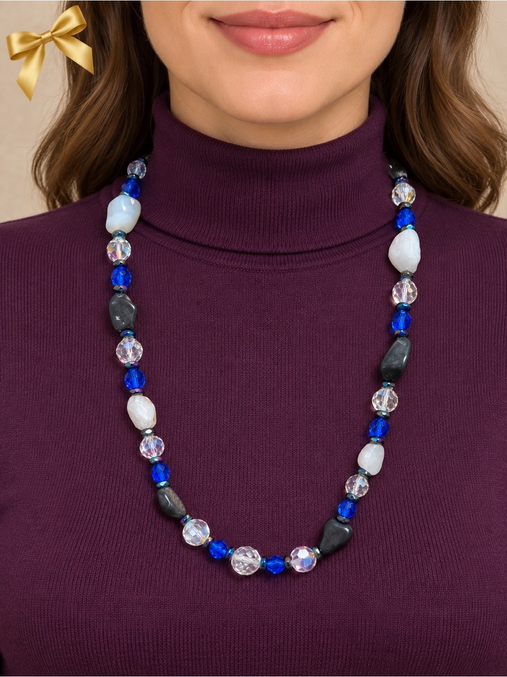 Blue Black White Mixed Bead Statement Necklace 21.5 Inch